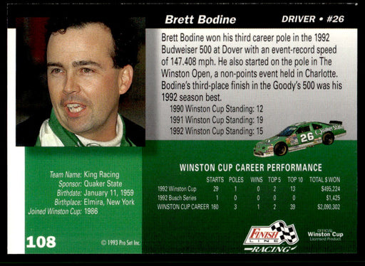 Brett Bodine 1993 Pro Set Finish Line Racing Base Back of Card