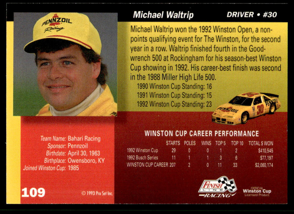 Michael Waltrip 1993 Pro Set Finish Line Racing Base Back of Card