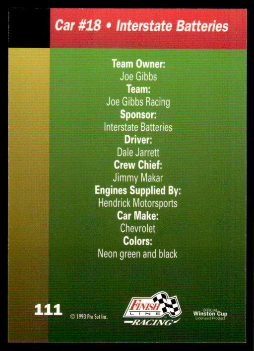 Dale Jarrett 1993 Pro Set Finish Line Racing Base Back of Card
