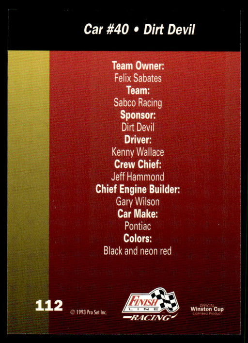 Kenny Wallace 1993 Pro Set Finish Line Racing Base Back of Card