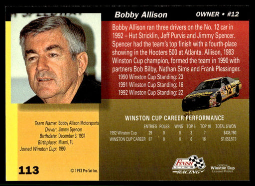 Bobby Allison 1993 Pro Set Finish Line Racing Base Back of Card