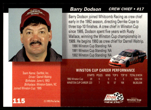 Barry Dodson 1993 Pro Set Finish Line Racing Base Back of Card