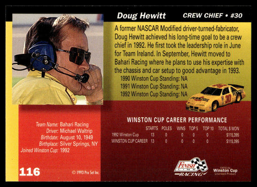 Doug Hewitt 1993 Pro Set Finish Line Racing Base Back of Card
