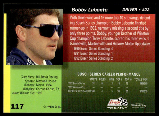 Bobby Labonte 1993 Pro Set Finish Line Racing Base Back of Card