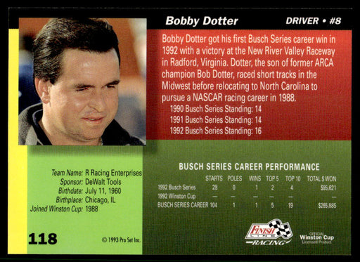Bobby Dotter 1993 Pro Set Finish Line Racing Base Back of Card