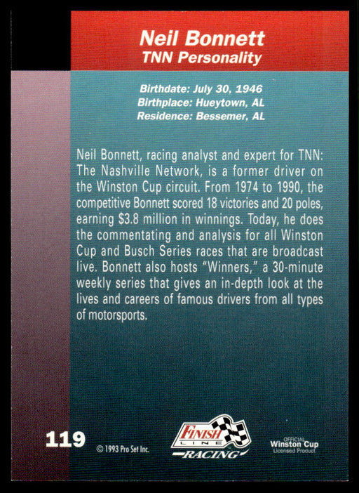 Neil Bonnett 1993 Pro Set Finish Line Racing Base Back of Card