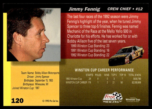 Jimmy Fennig 1993 Pro Set Finish Line Racing Base Back of Card