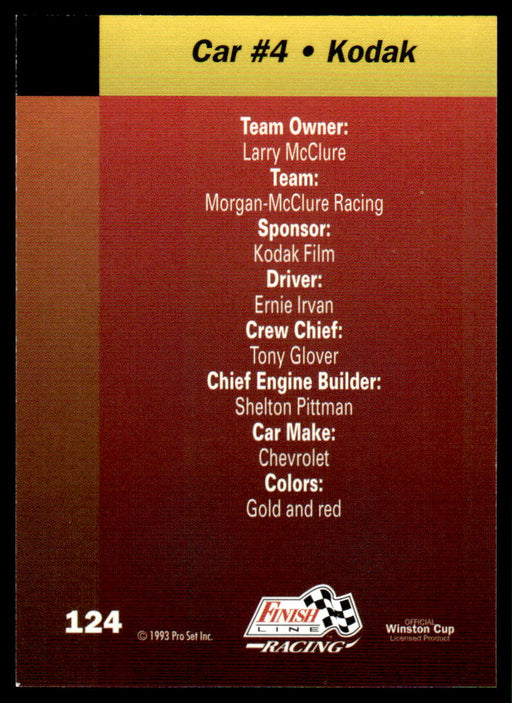 Ernie Irvan 1993 Pro Set Finish Line Racing Base Back of Card