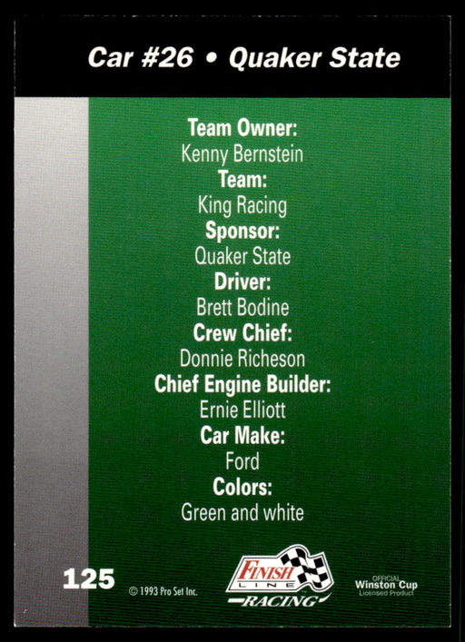Brett Bodine 1993 Pro Set Finish Line Racing Base Back of Card