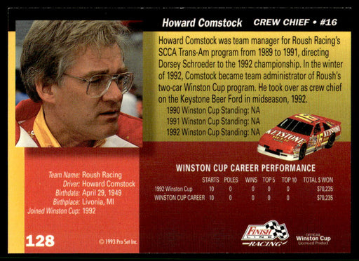 Howard Comstock 1993 Pro Set Finish Line Racing Base Back of Card