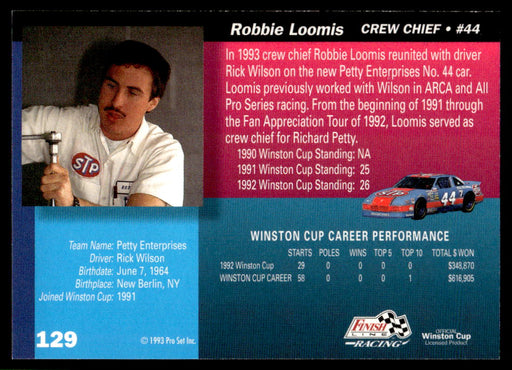 Robbie Loomis 1993 Pro Set Finish Line Racing Base Back of Card