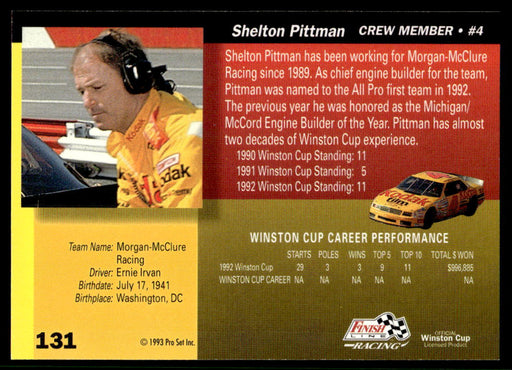Shelton Pittman 1993 Pro Set Finish Line Racing Base Back of Card