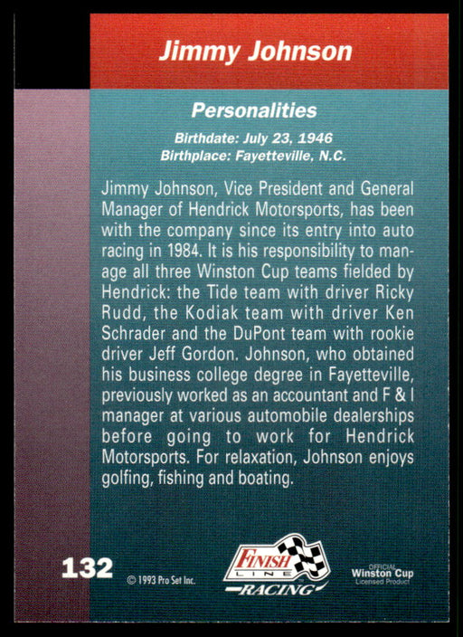 Jimmy Johnson 1993 Pro Set Finish Line Racing Base Back of Card