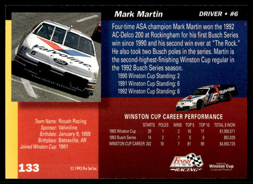 Mark Martin 1993 Pro Set Finish Line Racing Base Back of Card