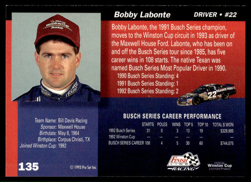 Bobby Labonte 1993 Pro Set Finish Line Racing Base Back of Card