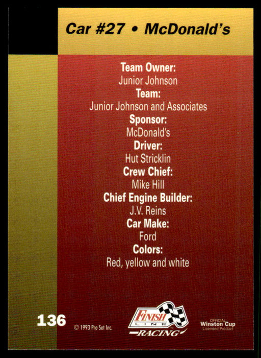 Hut Stricklin 1993 Pro Set Finish Line Racing Base Back of Card