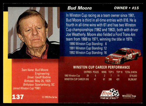 Bud Moore 1993 Pro Set Finish Line Racing Base Back of Card