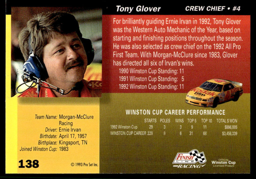 Tony Glover 1993 Pro Set Finish Line Racing Base Back of Card