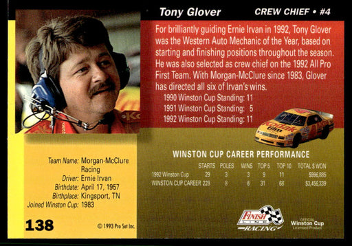 Tony Glover 1993 Pro Set Finish Line Racing Base Back of Card