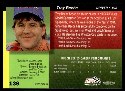 Troy Beebe 1993 Pro Set Finish Line Racing Base Back of Card