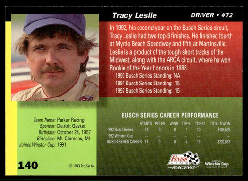 Tracy Leslie 1993 Pro Set Finish Line Racing Base Back of Card