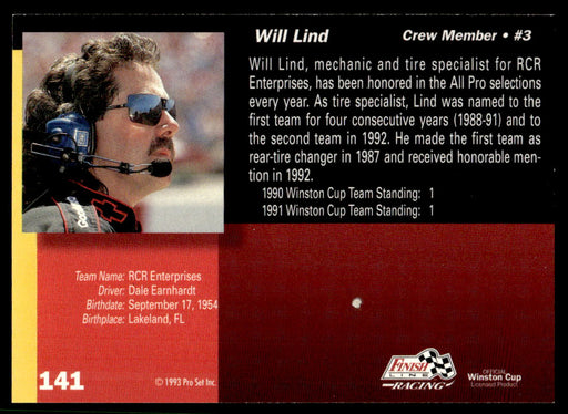 Will Lind 1993 Pro Set Finish Line Racing Base Back of Card