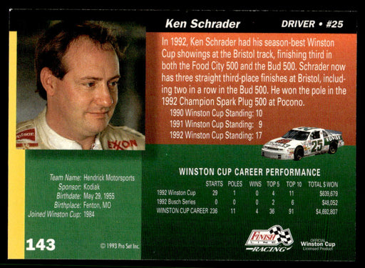 Ken Schrader 1993 Pro Set Finish Line Racing Base Back of Card