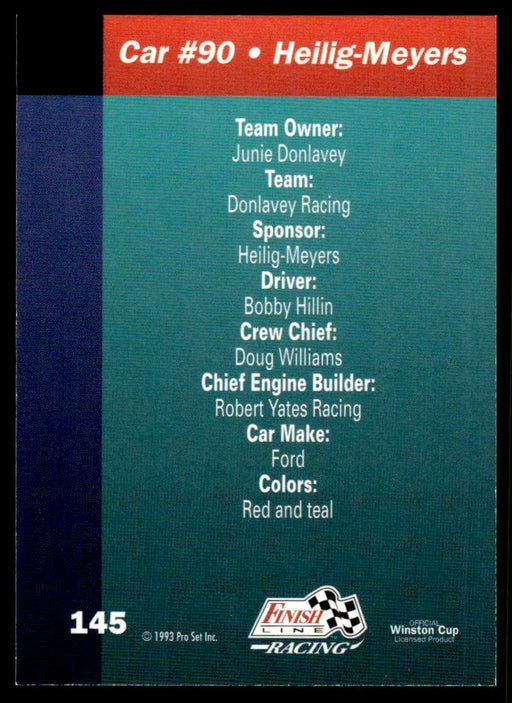 Bobby Hillin Jr. 1993 Pro Set Finish Line Racing Base Back of Card