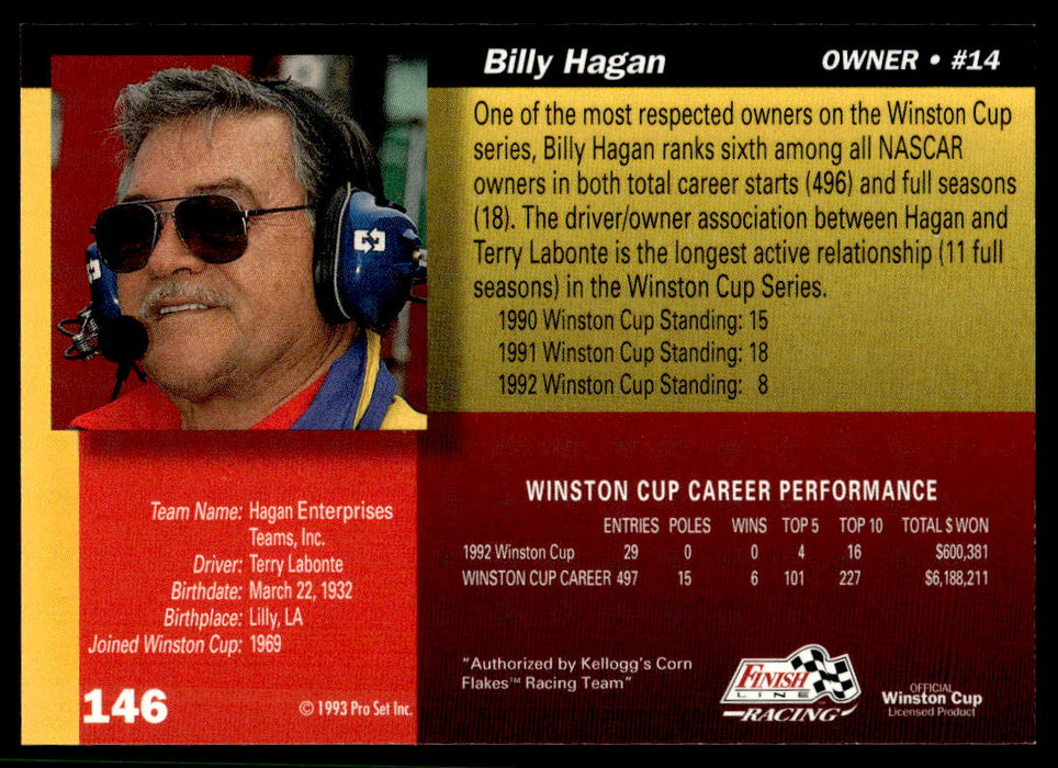 Billy Hagan 1993 Pro Set Finish Line Racing Base Back of Card