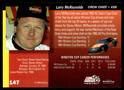 Larry McReynolds 1993 Pro Set Finish Line Racing Base Back of Card