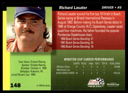 Richard Lasater 1993 Pro Set Finish Line Racing Base Back of Card