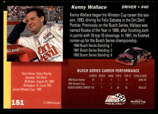 Kenny Wallace 1993 Pro Set Finish Line Racing Base Back of Card