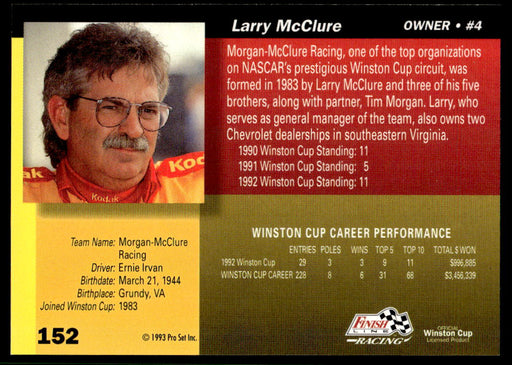 Larry McClure 1993 Pro Set Finish Line Racing Base Back of Card