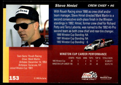 Steve Hmiel 1993 Pro Set Finish Line Racing Base Back of Card