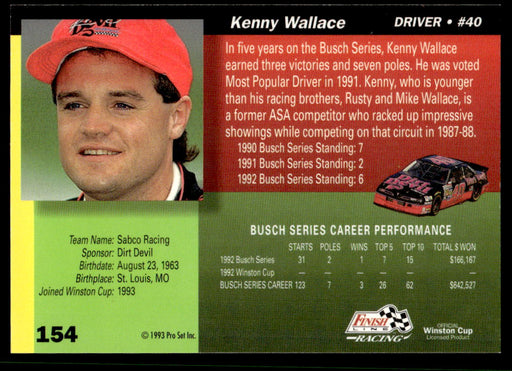 Kenny Wallace 1993 Pro Set Finish Line Racing Base Back of Card