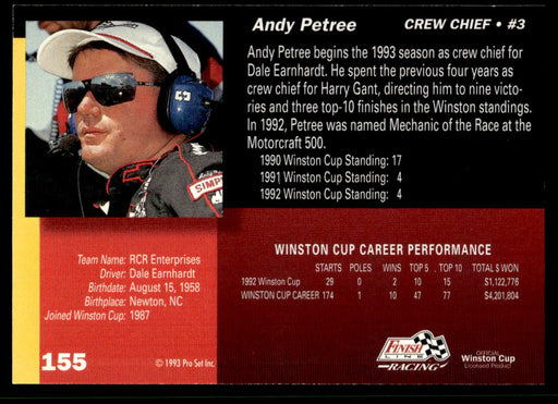 Andy Petree 1993 Pro Set Finish Line Racing Base Back of Card