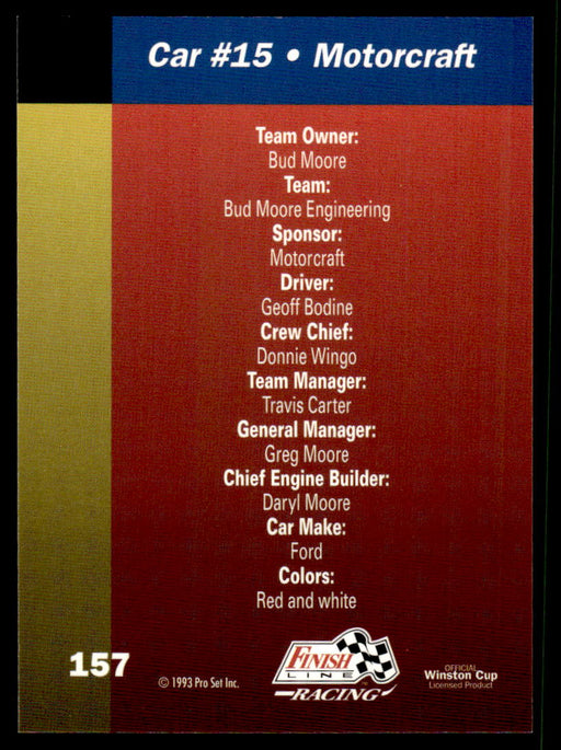 Geoff Bodine 1993 Pro Set Finish Line Racing Base Back of Card