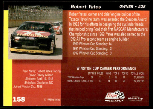 Robert Yates 1993 Pro Set Finish Line Racing Base Back of Card
