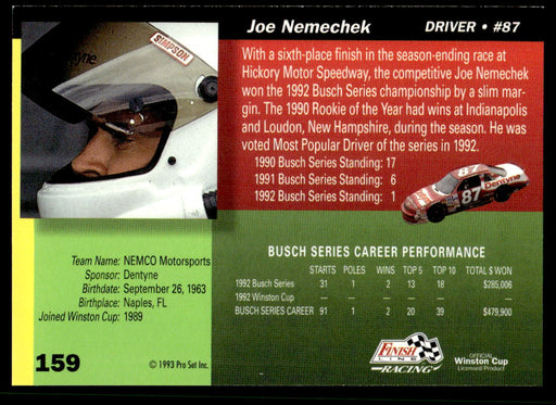 Joe Nemechek 1993 Pro Set Finish Line Racing Base Back of Card