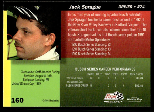 Jack Sprague 1993 Pro Set Finish Line Racing Base Back of Card