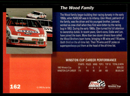 The Wood Family 1993 Pro Set Finish Line Racing Base Back of Card