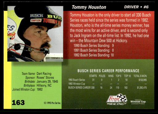Tommy Houston 1993 Pro Set Finish Line Racing Base Back of Card
