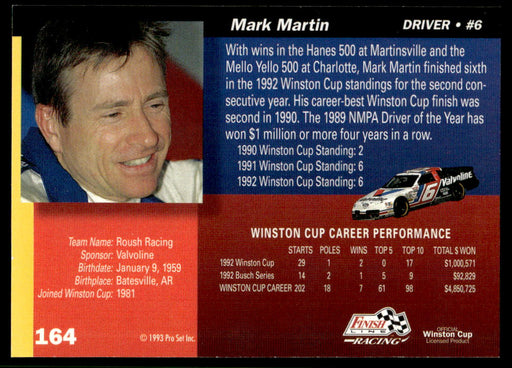 Mark Martin 1993 Pro Set Finish Line Racing Base Back of Card