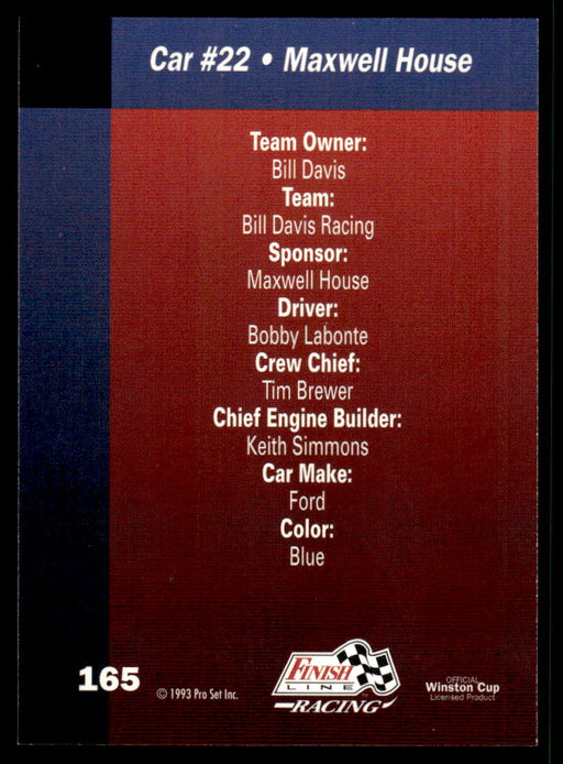 Bobby Labonte 1993 Pro Set Finish Line Racing Base Back of Card
