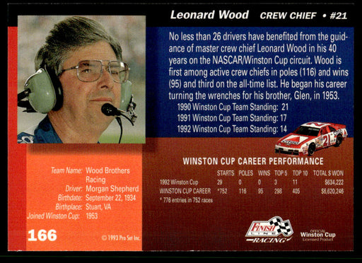 Leonard Wood 1993 Pro Set Finish Line Racing Base Back of Card