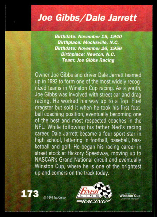 Dale Jarrett/Joe Gibbs 1993 Pro Set Finish Line Racing Base Back of Card