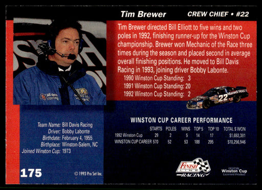 Tim Brewer 1993 Pro Set Finish Line Racing Base Back of Card
