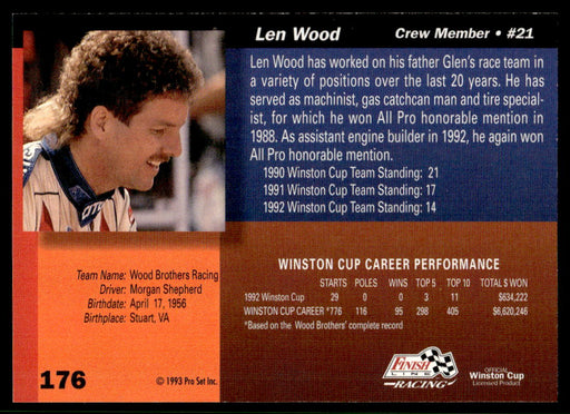 Len Wood 1993 Pro Set Finish Line Racing Base Back of Card