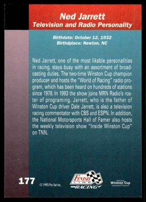 Ned Jarrett 1993 Pro Set Finish Line Racing Base Back of Card