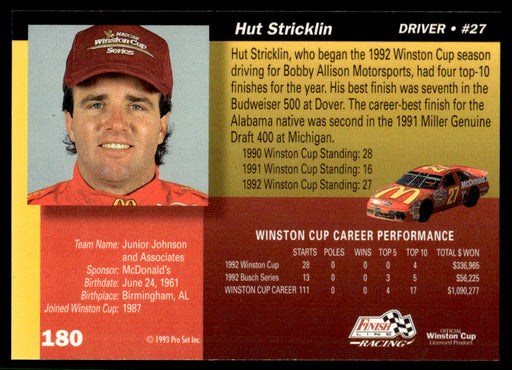 Hut Stricklin 1993 Pro Set Finish Line Racing Base Back of Card